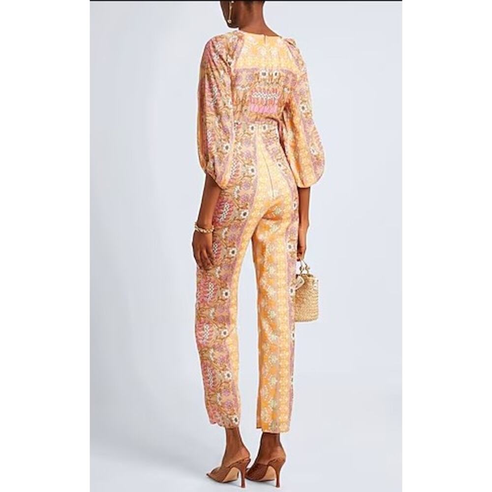 SANDRO Dieppe Printed Wide Leg Jumpsuit Size 36/4 Tan Retro Floral Cutout Plunge - Picture 3 of 11